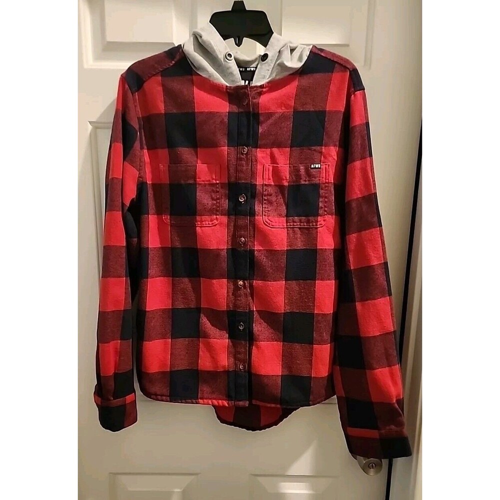 AFWD Mens XL Red Black Plaid Hoodie Button Down Shirt Long Sleeve - Picture 2 of 6